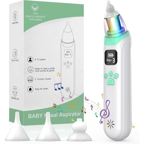 Nasal Aspirator Baby, Electric Nose Suckers, 3 Silicone Tips and 3 Suction Levels, Anti-Backflow Snot Sucker for Newborns, Toddlers, Soothing Function with Music and Light