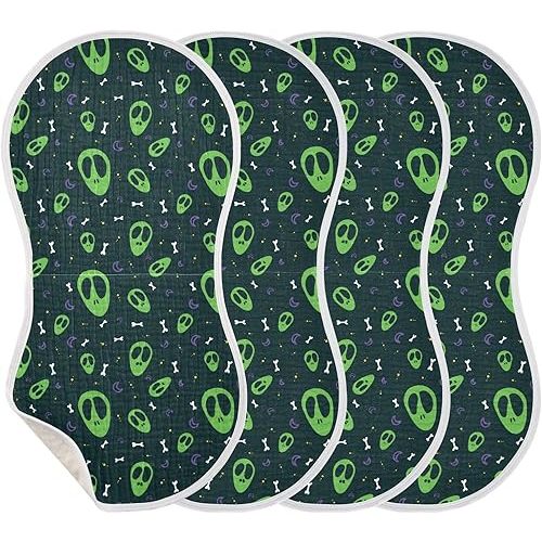 Cute Scary Alien Muslin Baby Burp Cloths - Super Absorbent and Soft Burping Rags - Cotton Burp Clothes Set for Boys and Girls, 4 Pack