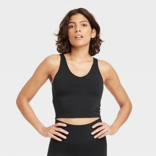 Women's Flex Light Support V Neck Cropped Sports Bra - All In Motion™ Gray M: Recycled Polyester, Spandex, Built-in Shelf Bra, Removable Cup