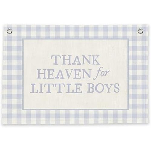 RTXLEZM Vintage Nursery Baby Boys Room Decor,Thank Heaven for Little Boys Large Canvas Banner Flag Print,Blue Gingham Wall Art Hanging for Toddler Playroom Bedroom Banner with Two Metal Grommets,36x24