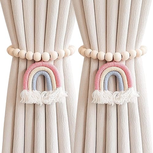 2 Pieces Wooden Beaded Curtain Tiebacks, Tassel Curtain Buckles Magnetic Curtain Buckles, Rainbow Tassel Curtain Tiebacks No Punch Decoration (Pink)