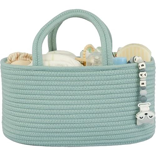 Diaper Caddy Organizer for Baby Cotton Rope Nursery Storage Bin Basket Portable Holder Tote Bag for Changing Table Car Travel Baby Shower Gifts Newborn Essentials Registry Must Haves Light Green