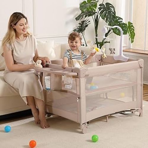 5 in 1 Pack and Play, Portable Travel Baby Bassinet, Foldable Travel Playard Playpen for Toddler, Bedside Crib Sleeper, Diaper Changer Table, Baby Playard for Newborn (Champagne)