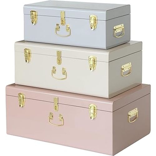 Vixdonos Decorative Box Set of 3 Metal Trunks Chest with Safety Lock Clasp for Treasure Organization and Home Dorm Decor,26.8x16.5x11Inches