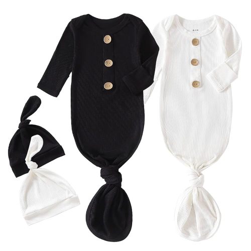OPAWO Knotted Gown Baby Newborn Sleepers Baby Boy Coming Home Outfit, Bamboo Viscose Baby Gowns with Mitten Cuffs and Hat Set