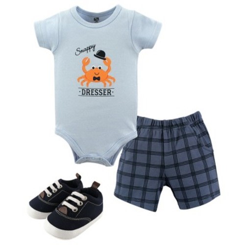 Hudson Baby Infant Boy Cotton Bodysuit, Shorts and Shoe 3pc Set, Crab, 0-3 Months