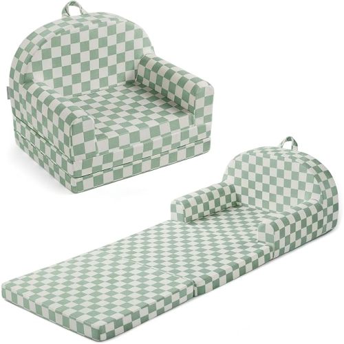 Blissful Diary Kids Couch, 2-in-1 Soft Kids Sofa, Kids Sofa Chair, Comfy Kids Furniture for Playroom, Reading & Play, Checkered Sage
