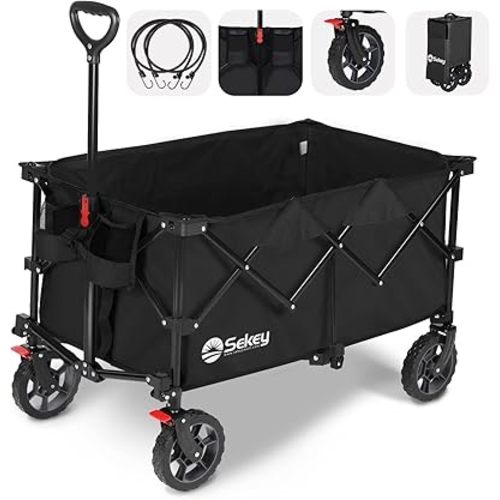 Sekey 220L Collapsible Foldable Wagon with 330lbs Weight Capacity, Heavy Duty Folding Wagon Cart with Big All-Terrain Wheels & Drink Holders (Black)