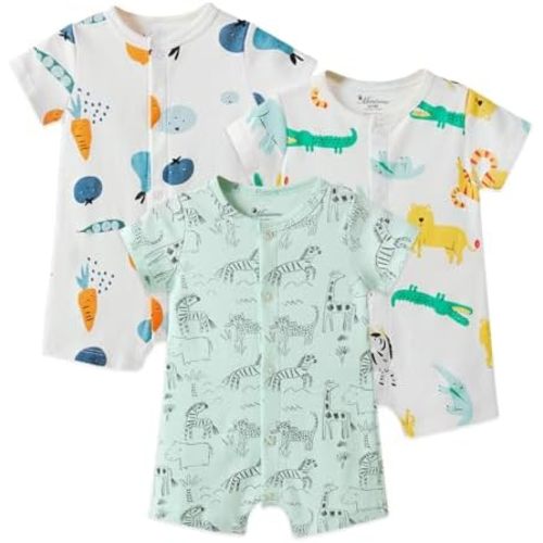 3-Pack 100% Cotton Baby Boy Rompers,0-24Months Short Sleeve Toddler Romper,Breathable Spring/Summer Clothes