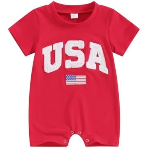 MoZiKQin Fourth of July Baby Boy Girl Outfit Newborn Usa Romper Short Sleeve Jumpsuit Embroidery First 4th of July Outfit