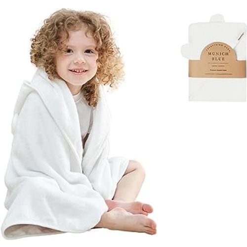 Munich Blue Baby Bath Hooded Towel for Boys and Girls - Soft and Cozy Viscose from Bamboo and Cotton Bath Towel with Cute Bear Ears for Newborn, Infant and Toddler - White, 600 GSM, 35 x 35 inch
