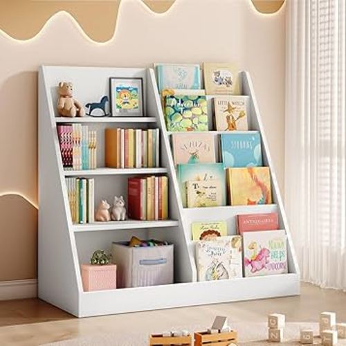 Tatub 6 Tier Kids Wooden Bookshelf and Toy Storage, Children Toy Organizer with Book Shelves, Toddler BookRack Baby Bookcase for Nursery, Playroom and Classroom, White