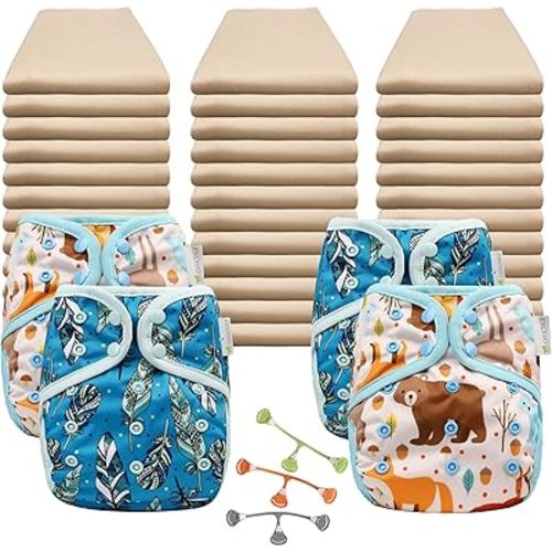 OsoCozy Economy Organic Flat Cloth Diaper Package - 36 Organic Cotton Birdseye Weave Diapers, 3 Snappi Fasteners, 4 OneSize Diaper Covers (2 Forest Critters, 2 Jay Feathers)