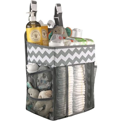 Hanging Diaper Caddy Organizer - Large Nursery Storage for Essential Newborn Baby Items - 2 Compartments, 3 Mesh Pockets - Durable Hooks to Hang on Bassinet, Changing Table, Crib