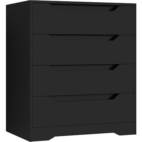 HOSTACK Black Dresser, 4 Drawers Dresser, Modern Chest of Drawers with Cut-Out Handles, Small Dressers with Drawer, Wood Makeup Chest Organizer for Living Room, Entryway, Home Office, Black