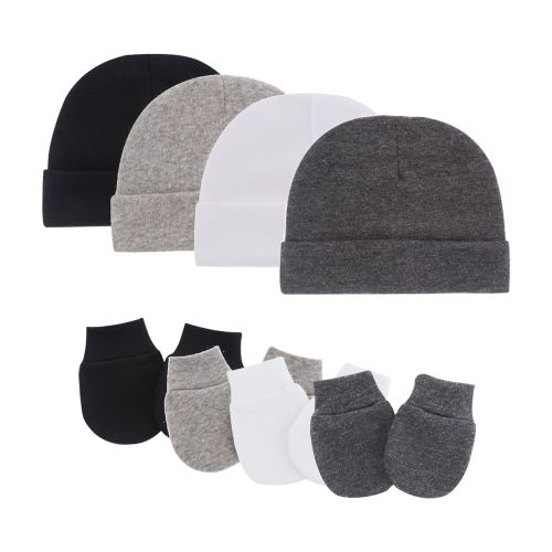 Tisoloow Baby Hats with Scratch Mittens Set Unisex Newborn Hospital Hats for Baby Boys Girls Cute Infant Beanie Caps Black&White&Light Grey&Dark Grey One Size