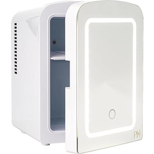 Paris Hilton Mini Refrigerator and Personal Beauty Fridge, Mirrored Door with Dimmable LED Light, Thermoelectric Cooling and Warming Function for All Cosmetics and Skincare Needs, 4-Liter, White