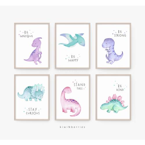 Set of 6 Dinosaur prints, Dinosaur girl wall art, Pink purple teal, Girls room decor, Printable girl affirmations,Dinosaur nursery,Girls art