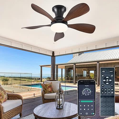 FUMLTP 33In Low Profile Ceiling Fans with Lights and Remote/APP Control, Modern Flush Mount Ceiling Fan with 5 Reversible Blades 3 Colors Dimmable for Outdoor Patio,Small Room,Bedroom(Black+Brown)