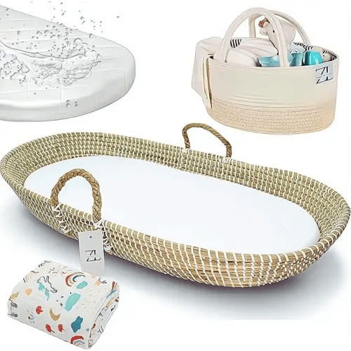 Seagrass Moses Basket by ZEAL'N LIFE, Moses Baskets for Newborn, Baby Changing Basket with Baby Towel, Washable Waterproof Pad Covers & Diaper Caddy, Changing Basket Baby (31 Inch)