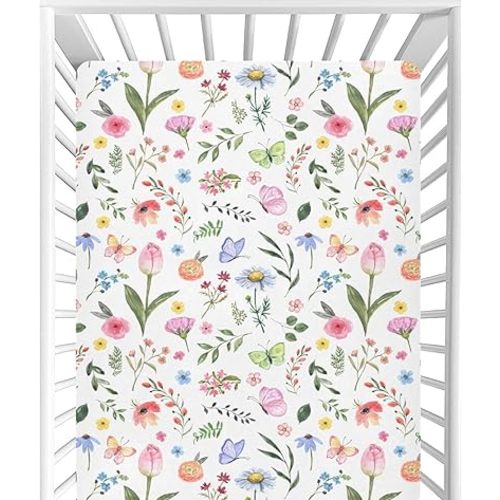 CaTaKu Baby Crib Sheets Tulip Wildflower Butterflies Mini Crib Sheets Fitted for Girls Boys,Neutral Soft Toddler Mattress Bed Sheets for Crib,27"x 39"