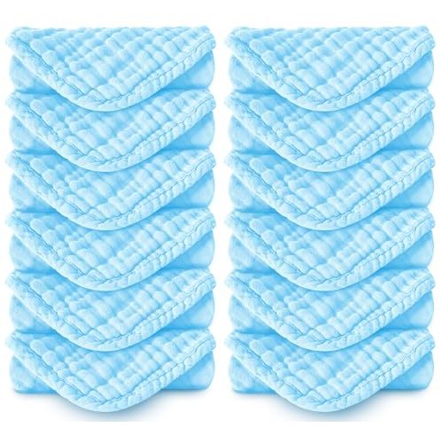 Spotted Play Muslin Burp Cloths 100% Cotton Large 20''x10'' Extra Soft and Absorbent Baby Wash Cloths Spit Up Rags - Baby Burping Cloth for Boys Girls Items(12 Pack Aquamarine)