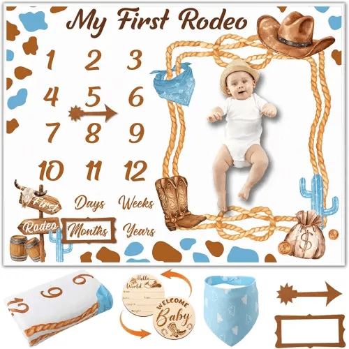 Cowboy Baby Boy Milestone Blanket Western Theme Cow Print Baby Growth Chart Blanket for Boy Newborn My First Rodeo Birthday Party Supplies