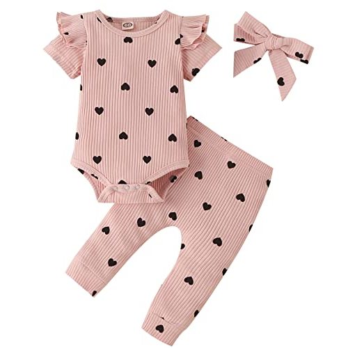 Fullfamous Baby Girl's 3pc Rib Frill Long Sleeve Romper and Pant Set