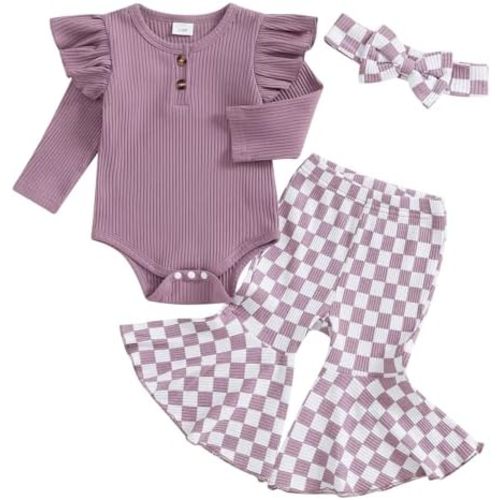 MERSARIPHY Newborn Baby Girl Clothes Ribbed Knit Ruffle Romper Bodysuit Bell-Bottom Pant Set 3Pcs Infant Fall Winter Outfits