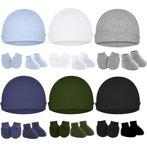 Cotton Baby Hats Mittens and Socks Set Unisex, Toddler No Scratch Mittens and Beanie Cap Infant Newborn Hospital Hat