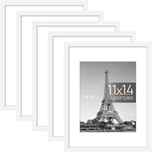 upsimples Picture Frame Set of 5, Display Pictures 8x10 with Mat or 11x14 Without Mat, Wall Gallery Photo Frames, White