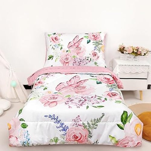 4 Piece Toddler Bedding Set for Girls, Butterfly Toddler Comforter Set, Ultra Soft Toddler Bed Set Includes Comforter, Flat Sheet, Fitted Sheet, Pillowcase (Pink Floral & Butterfly Pattern)