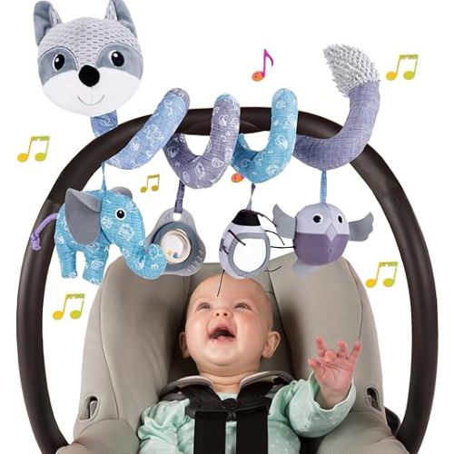 Car Seat Toys, Baby Toys 3-6 Months Carseat Toys Stroller Toys Infant Spiral Activity Toys 0-3 Months, Hanging Car Toys for Babies 0-6 Months Newborn Boys Girls with Music Rattle Squeaker - Gray Fox
