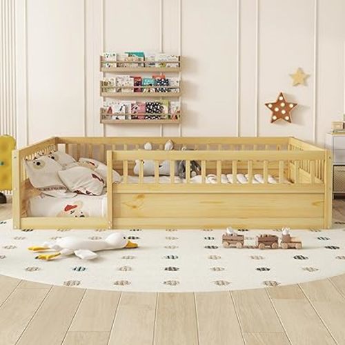 Twin Size Floor Bed with High Safety Guardrails for Kids, Solid Wood Montessori Floor Bed with Opening, Twin Playhouse Bed Frame for Baby Girls and Boys,Natural