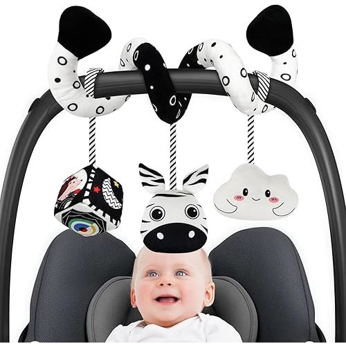 Baby Spiral Hanging Stroller and Car Seat Toys Black and White High Contrast Sensory Toy Newborn Plush Activity Toys Party Favors Gifts for Baby Shower Easter Basket Stuffers -Zebra