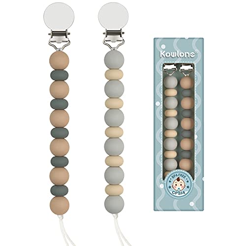 Pacifier Clip,Silicone Paci Clips Boys Girls Gender Neutral Teething Relief Chewable Beads Soothie Teether Toys Chain Holder for Baby Shower BPA Free(Grey+Oatmeal)