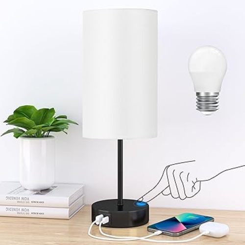 AKASUKI 18Inch Table Lamp with Dual Charging Station, 3 Way Dimmable Touch Lamp for Bedroom, Living Room, Office(LED Bulb Included)