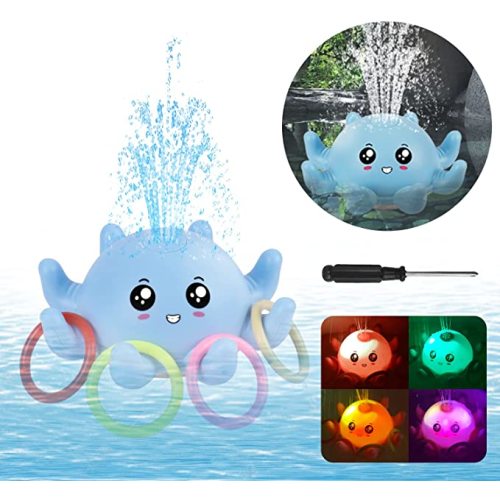 AOLIGE Bath Toys for Toddlers, Octopus Light Up Spray Baby Bathtub Toy, Induction Sprinkler Kids Water Toys for Bathroom, Pool, Bathtub (Blue Octopus with 4 Rings)