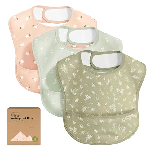 KeaBabies 3-Pack Waterproof Baby Bibs for Eating - Lightweight Toddler Feeding Bibs with Large Food Catcher, Mess Proof, Food-Grade Baby Eating Essentials, Easy to Put On & Clean (Bloom)