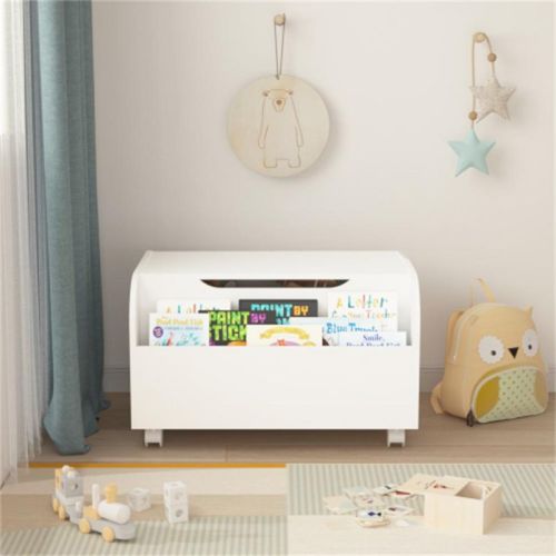 YONWAY 14.4"H Toy Box with Front Bookshelf, Flip-Top Lid, Safety Hinge, Toy Storage Organizer for Kids Room and Playroom (White)