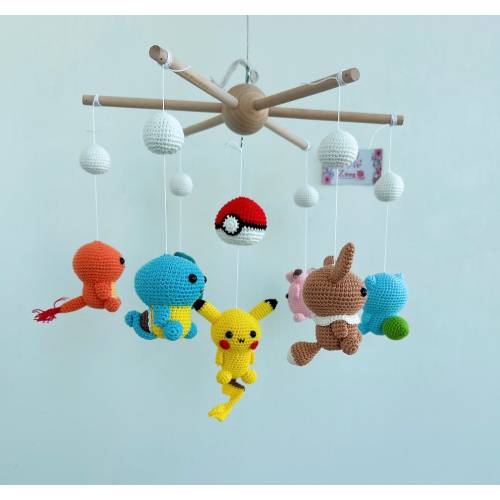 Baby Mobile Pokemon mini Pikachu, Chikorita, crochet Pokemon mobile, Charmander, Manaphy, nursery decoration, crochet mobile, gift for her
