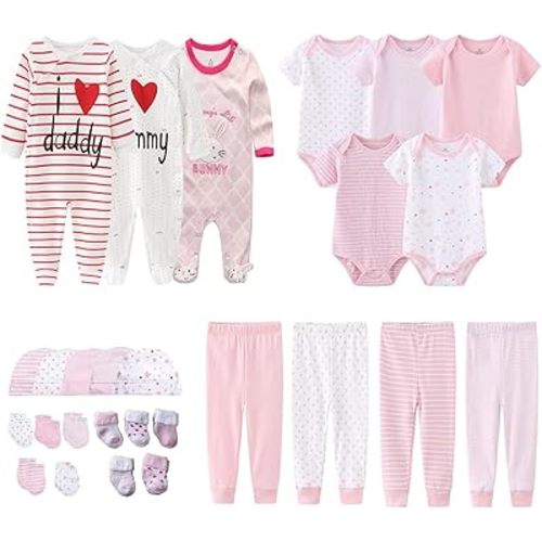MAMIMAKA Newborn Layette Gift Set 27-Piece Baby Girl Clothes Bodysuits, Pants Essentials and Accessories 0-12Months