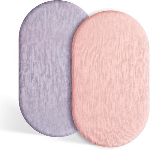 TILLYOU Muslin Bassinet Sheets Girls Boys, 100% Cotton Bassinet Sheets, Fit Oval, Rectangle and Square Mattress, 2 Pack,Light Purple&Light Pink