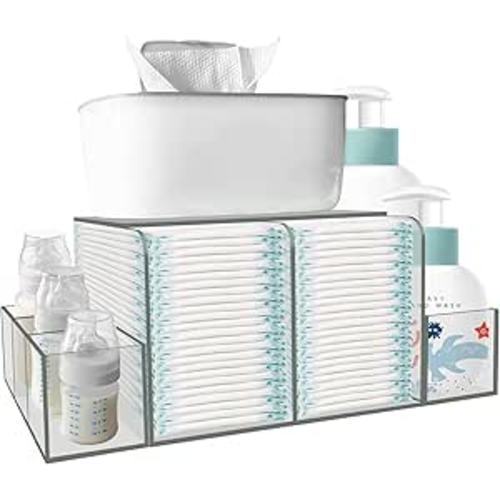 Diaper Caddy, Baby Changing Table Organizer, Detachable Clear Acrylic Diaper Storage for Wipe Dispenser, Wipe Warmer and other Diapering Essentials