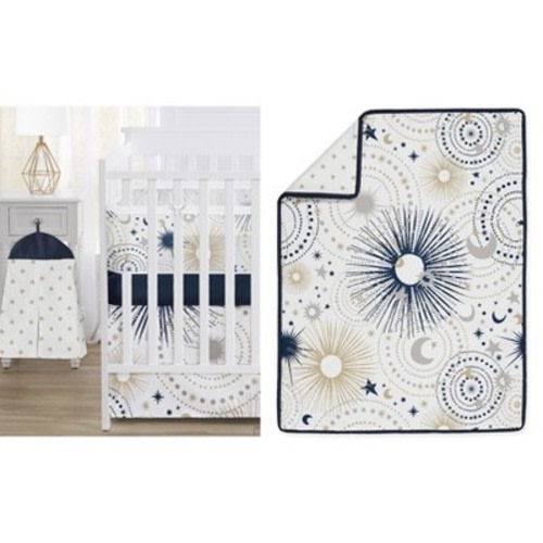 Sweet Jojo Designs Gender Neutral Unisex Crib Bedding + BreathableBaby Breathable Mesh Liner Celestial Blue Gold and Grey 6pc