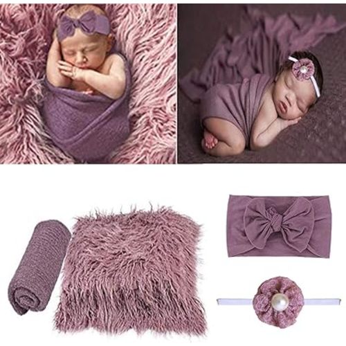 SPOKKI 4 Pcs Newborn Photography Props Outfits- Baby Long Ripple Wrap and Toddler Swaddle Blankets Photography Mat with Cute Headbands for Infant Boys Girls(0-12 Months) (Purple)
