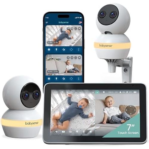 Babysense TOUCH 7" Touchscreen Smart WiFi Baby Monitor with App, Camera and Audio, 2 Cameras with Night Light, 4MP Dual-Lenses with 6X Zoom, AI Auto Tracking, Focus Area, Split-Screen, No Subscription