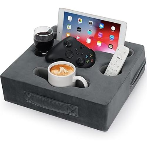 STBoo Couch Cup Holder Pillow - Sofa Drink Cup Holder Cozy Buddy | Bed Caddy Organizer Holds Remote, Snacks, Phones, Tablet | Waterproof Anti-Spill Sofa Beverage Tray for Car, Beach, RV, Boat (Grey)