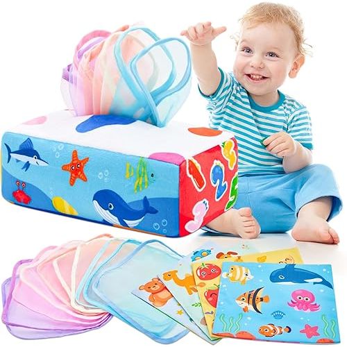 Baby Tissue Box Toy Montessori Baby Toys for Infant 6,9,12 Months Sensory and Crinkle Tissue Box Toy for Boys&Girls Toddler Early Learning Gifts