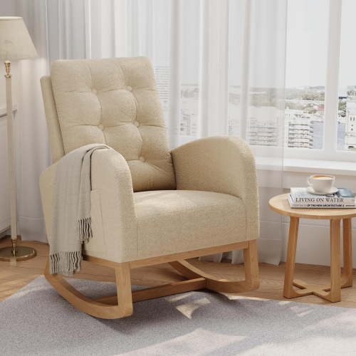 Nursery Rocking Chair, Teddy Fleece Upholstery, Sturdy Wooden Legs & High Back Glider for Living Room or Bedroom, Light Brown